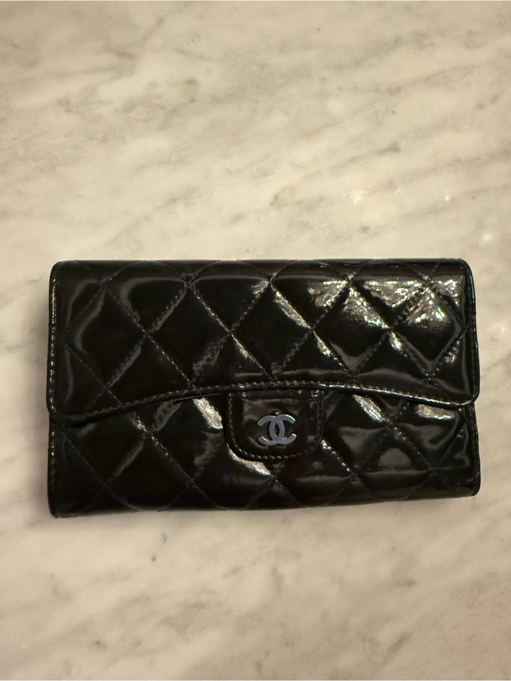 CHANEL Black Quilted Patent Leather Wallet with CC Logo